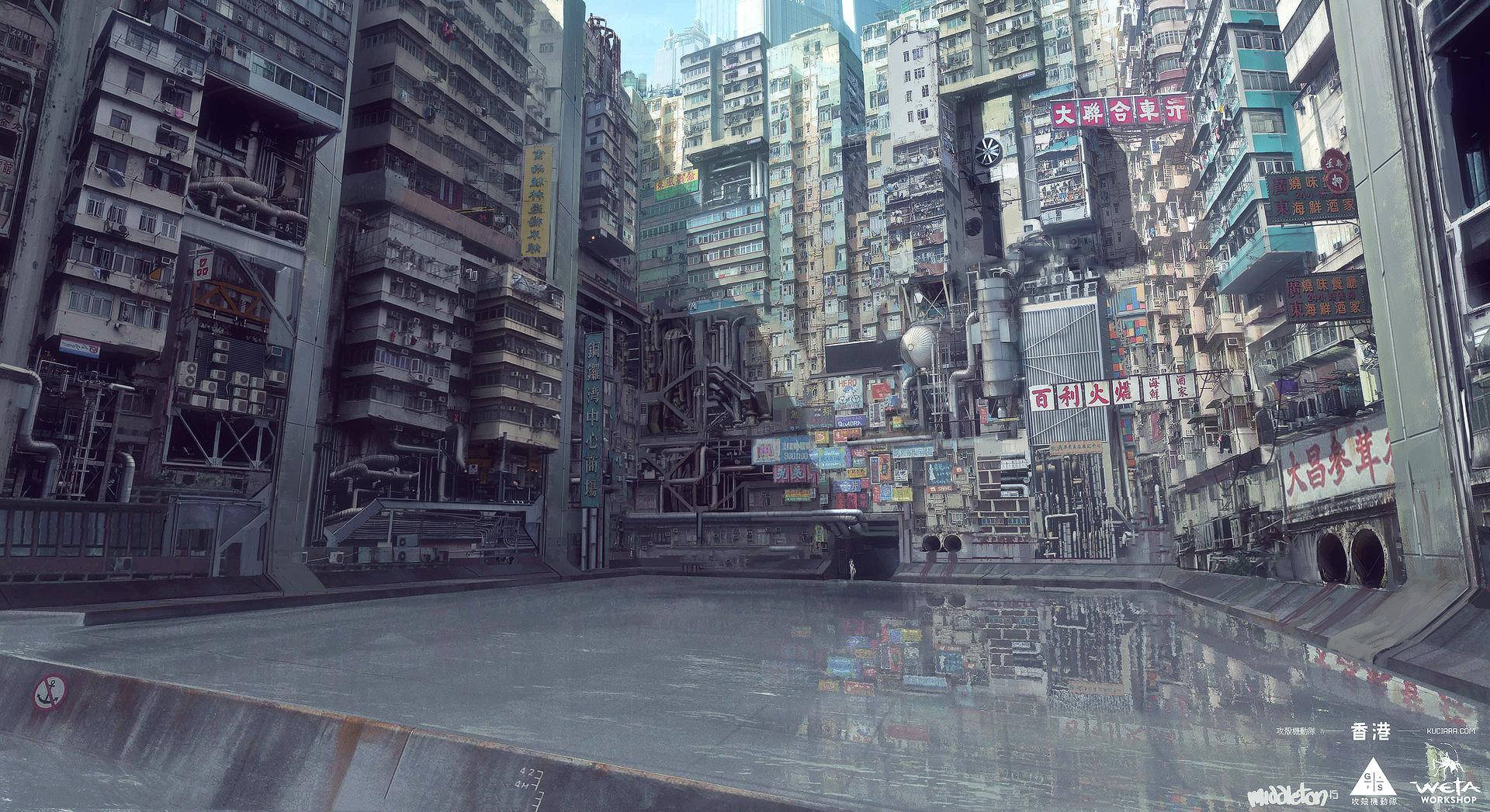 未來城市街道，高樓大廈和霓虹招牌倒映在濕漉漉的路面上。
