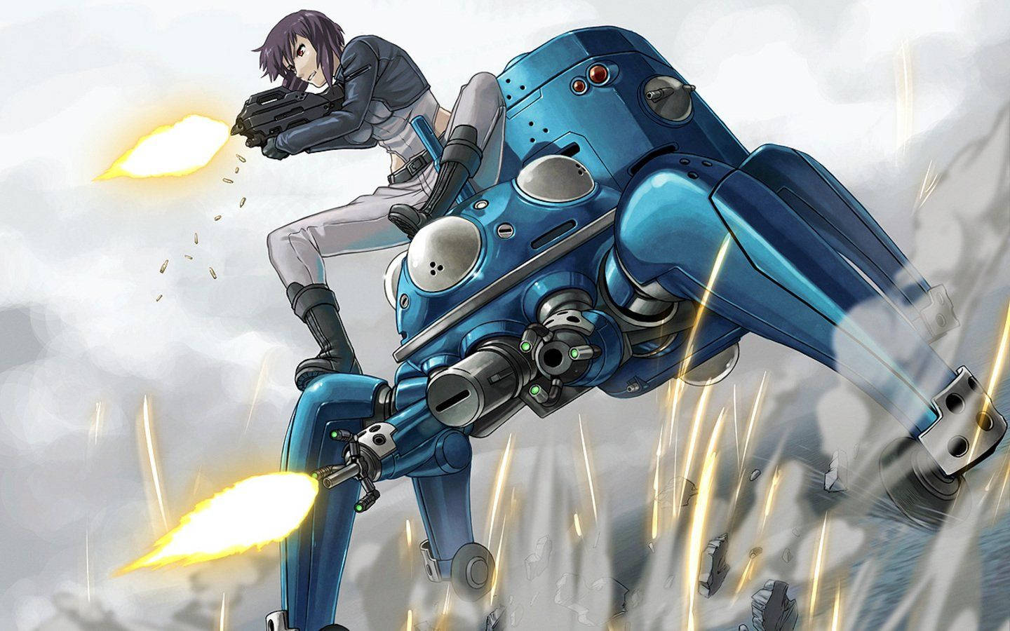 動畫機師在空中戰鬥中從藍色機甲發射武器。