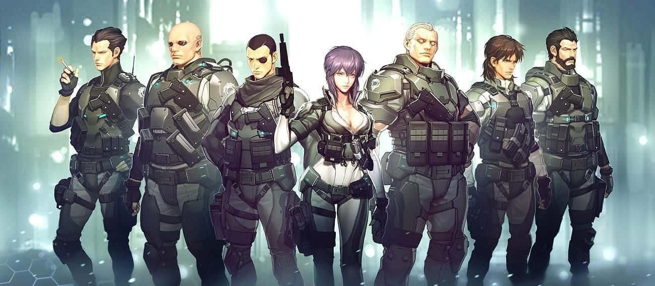 《攻殼機動隊》中的草薙素子 壁紙 — 七名身穿戰術裝備的賽博龐克特工站在發光的未來城市景觀中。