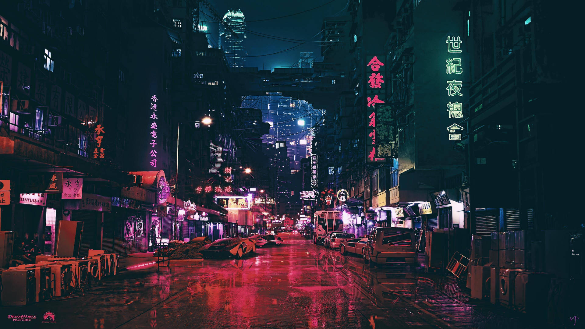 雨濕嘅城市街道夜晚閃爍住霓虹燈招牌同街燈。