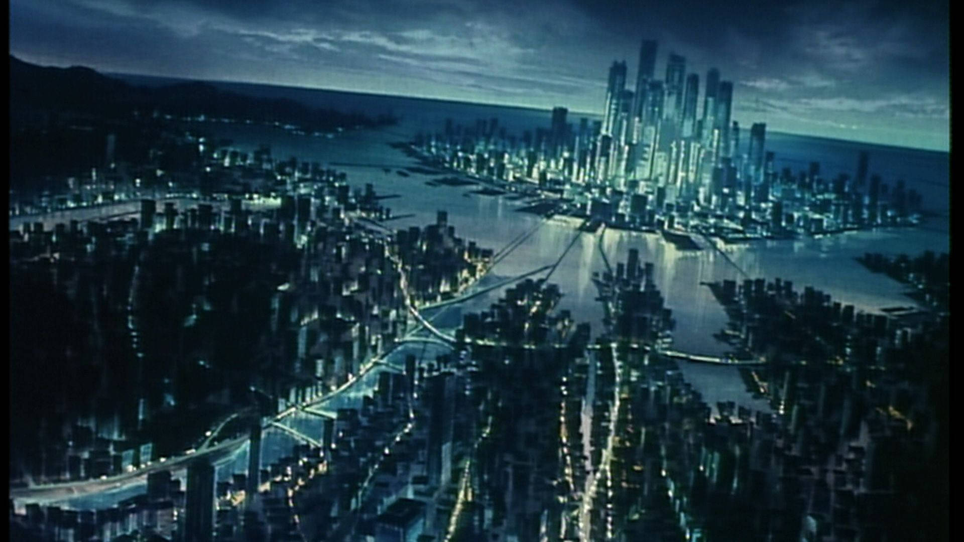 未來城市天際線夜景，發光的塔樓和水面倒影。
