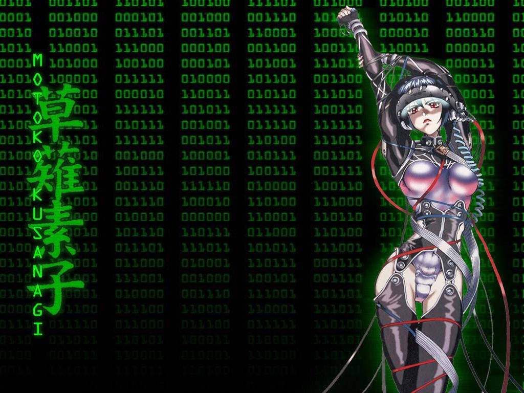 賽博龐克動漫女孩，帶有發光的綠色二進制代碼和日語文字。