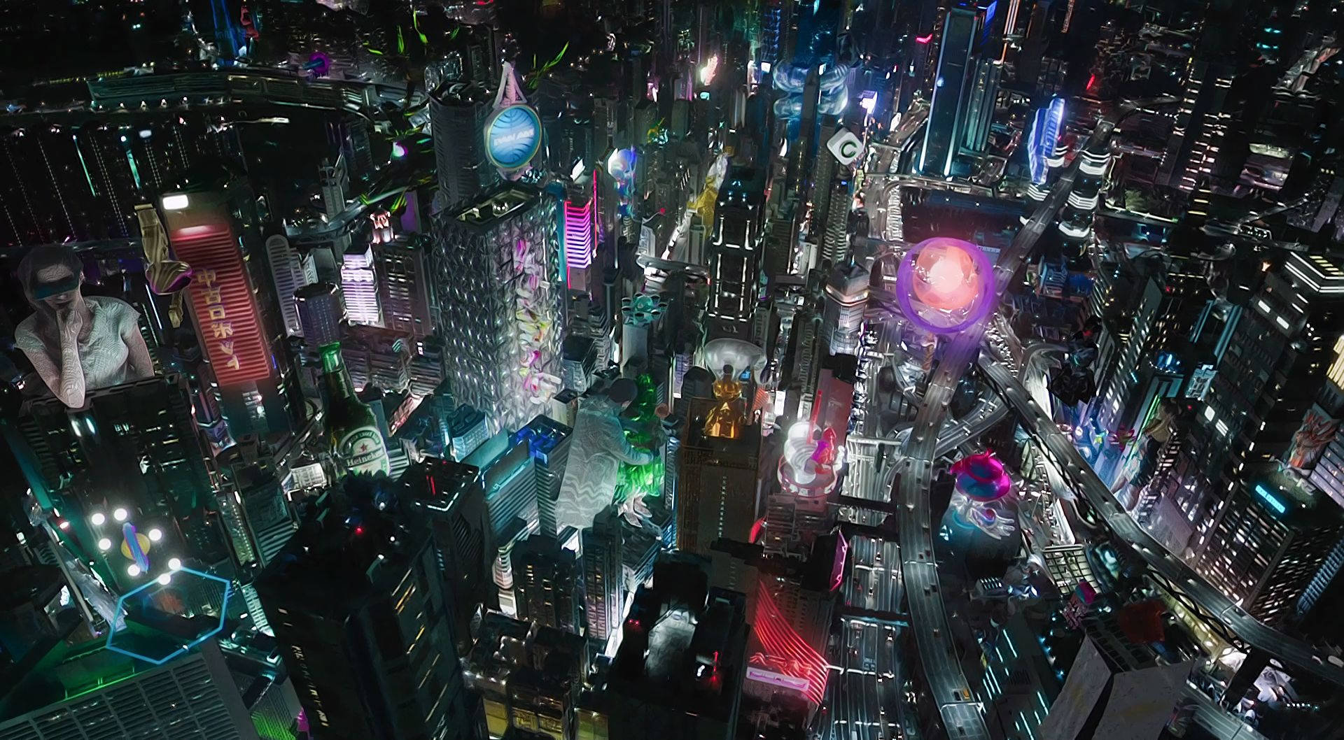 未來城市夜景，摩天大樓和霓虹燈閃爍。