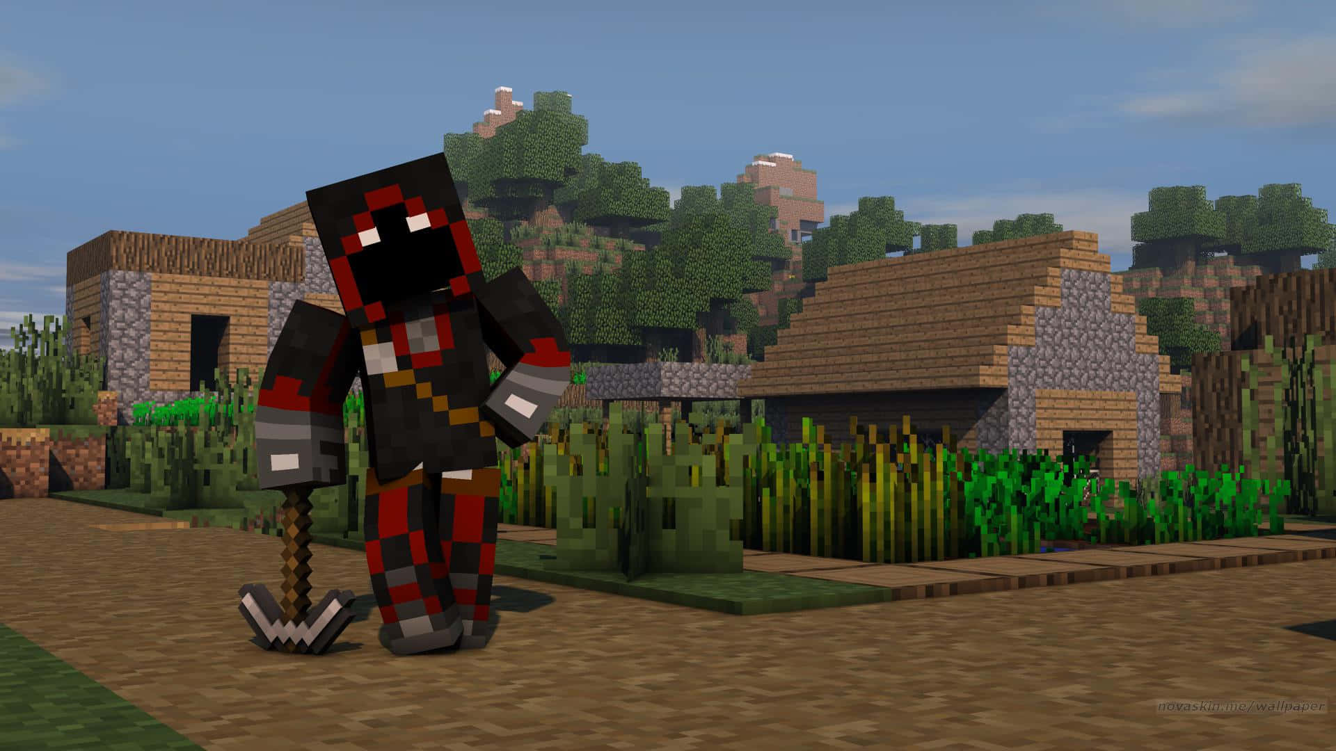 穿著紅黑盔甲的Minecraft角色站在一個有方塊房屋和綠植的村莊裡。