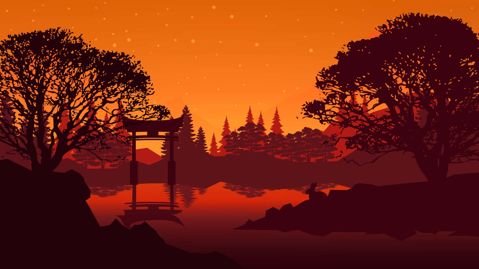 鳥居和樹木剪影映襯橙色黃昏天空，水面有倒影。