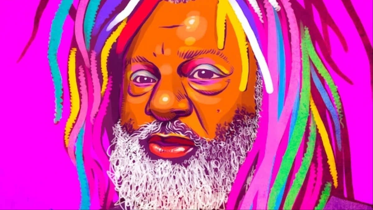 一幅色彩繽紛的插圖肖像，描繪一位留著彩虹色辮子和白鬍鬚的男子。