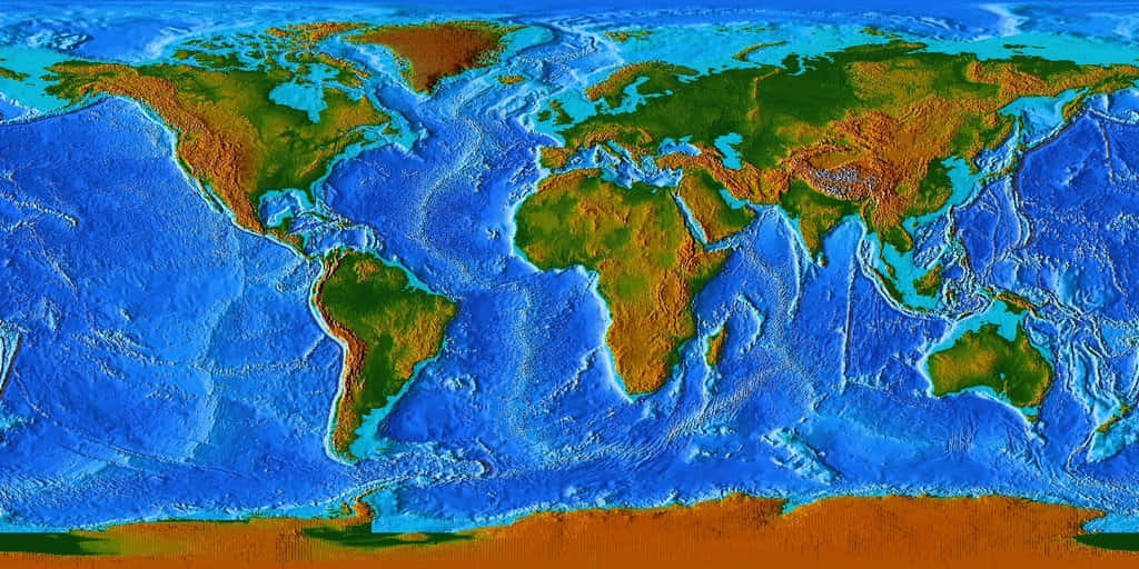 色彩繽紛的3D地球地形圖，顯示大陸和海洋。