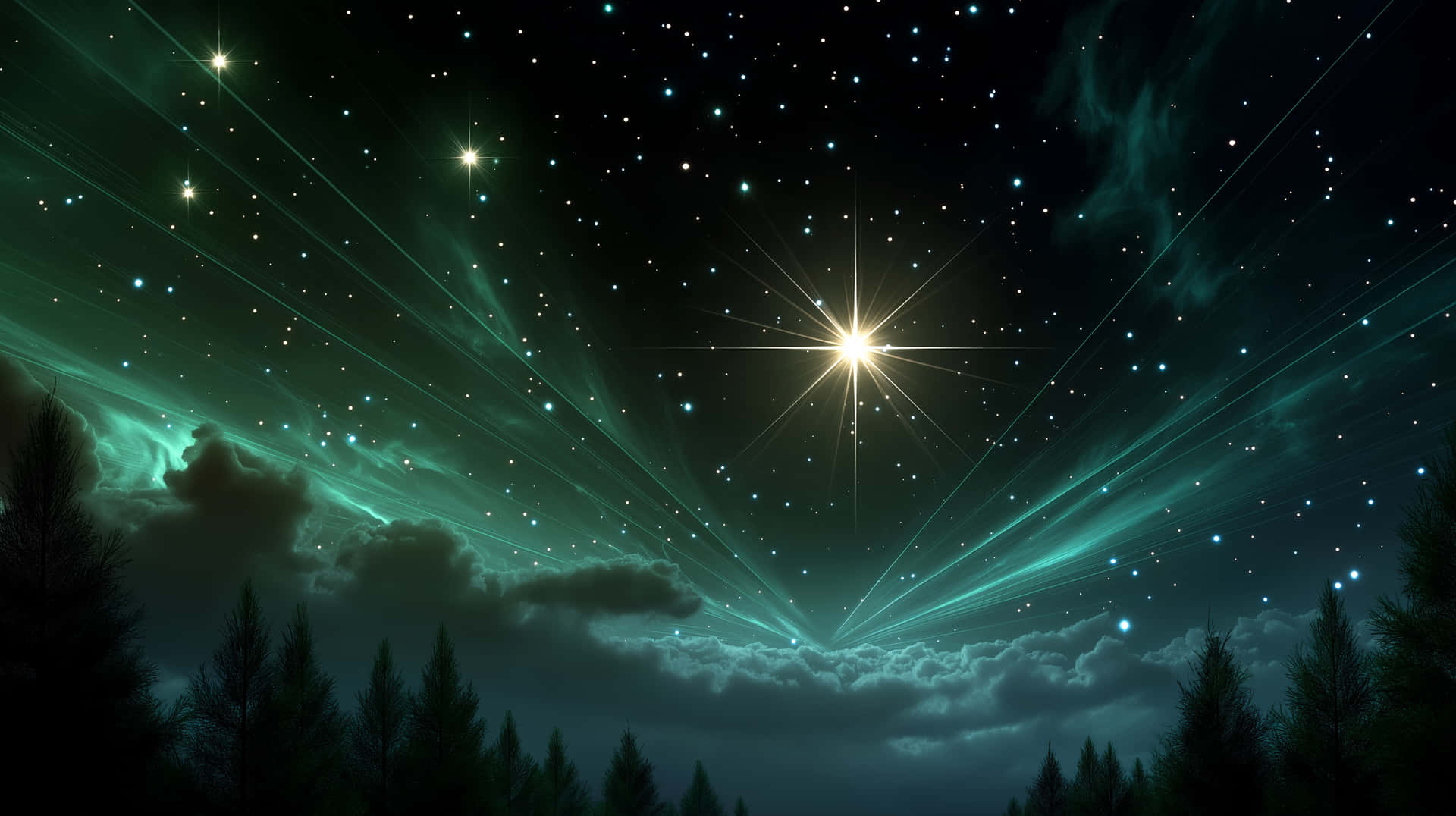 明亮嘅星爆穿過綠色極光，喺夜晚嘅黑暗森林之上閃耀。