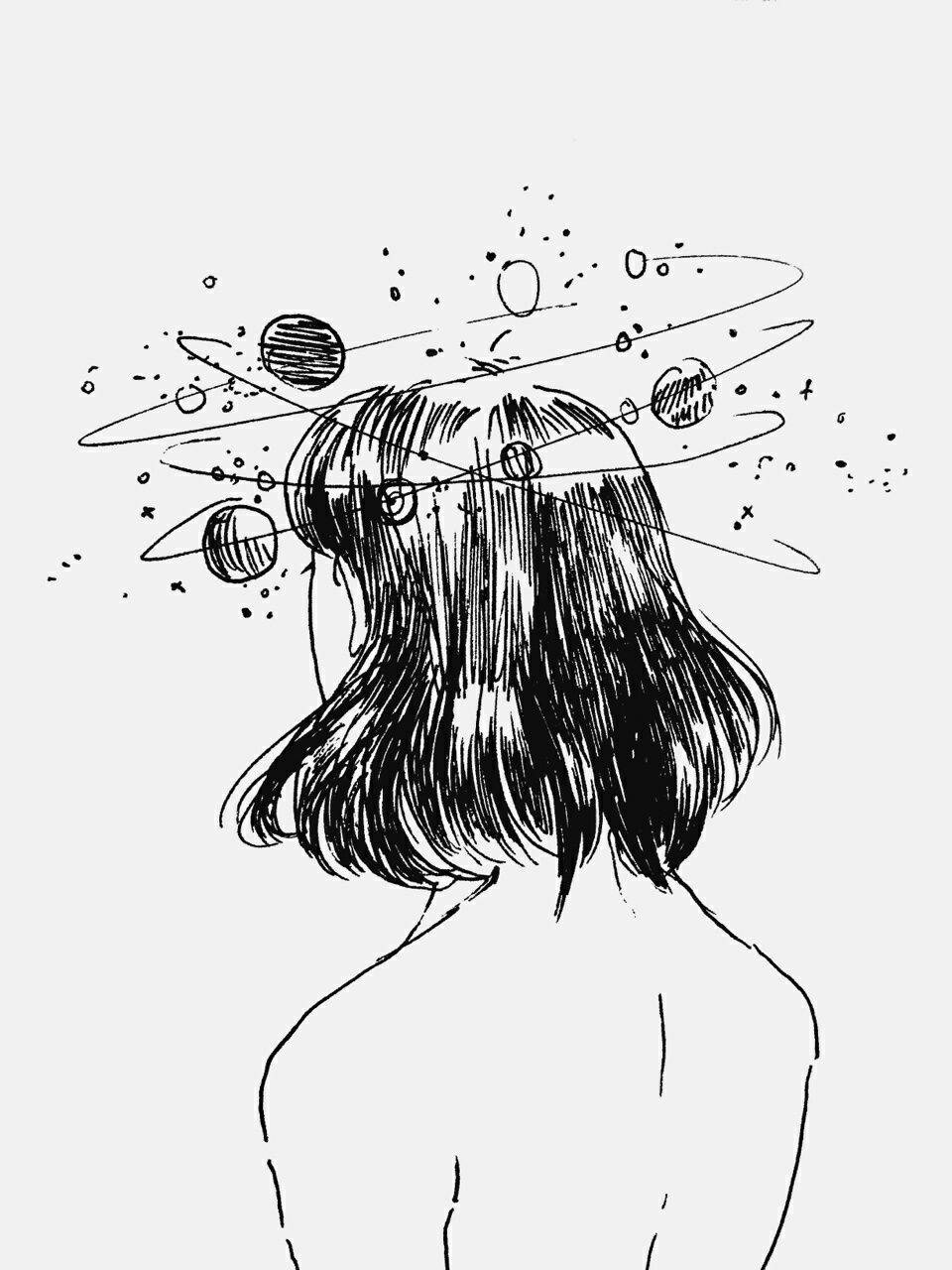 放空少女插畫 壁紙 — 一幅黑白線條畫，描繪一個人的背部，行星和星星在頭頂盤旋。