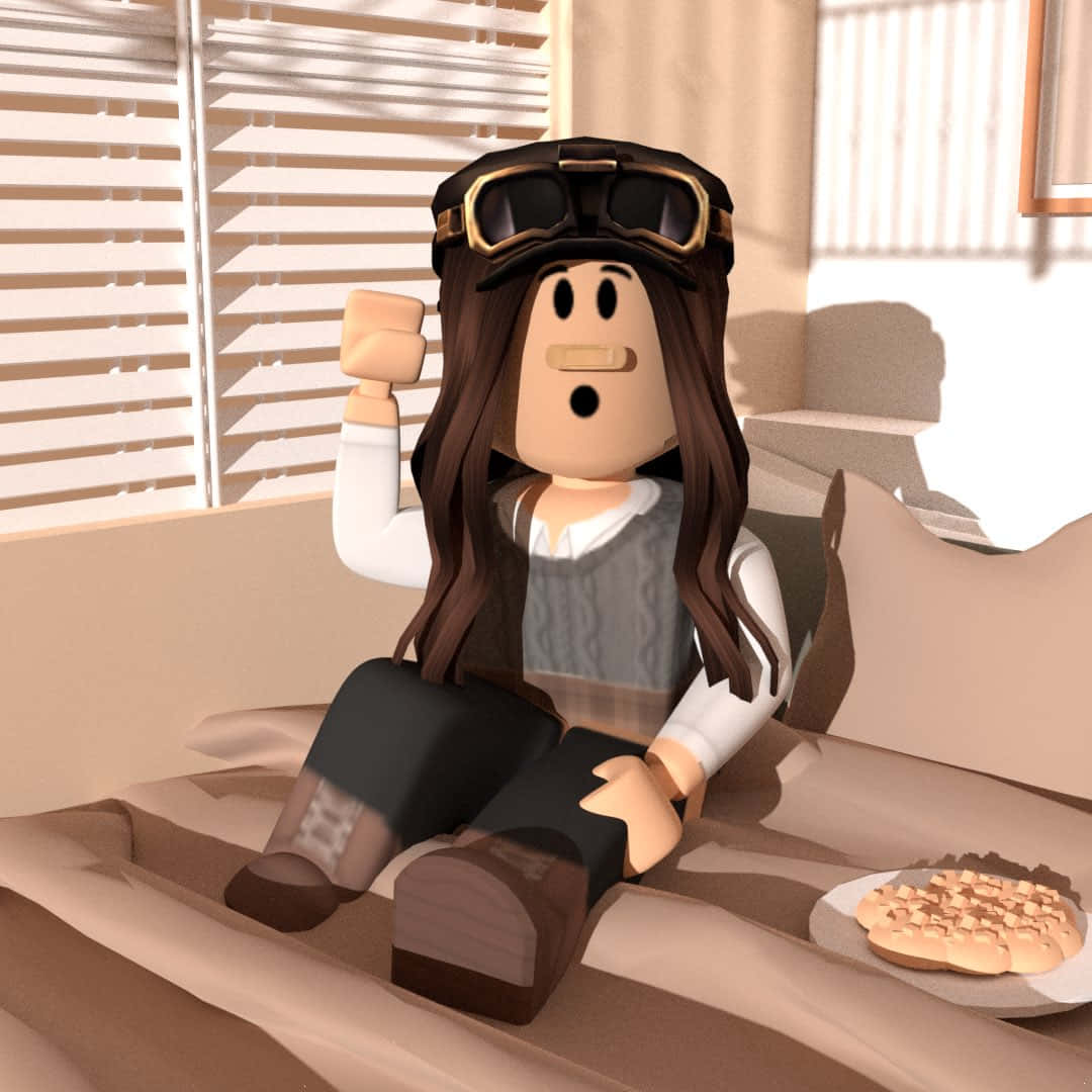 戴著飛行員護目鏡的Roblox角色在床上揮手，附近有餅乾。