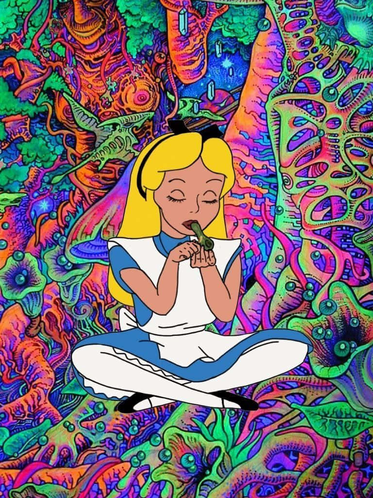 愛麗絲夢遊仙境在充滿活力的超現實森林中冥想，周圍有發光的植物。