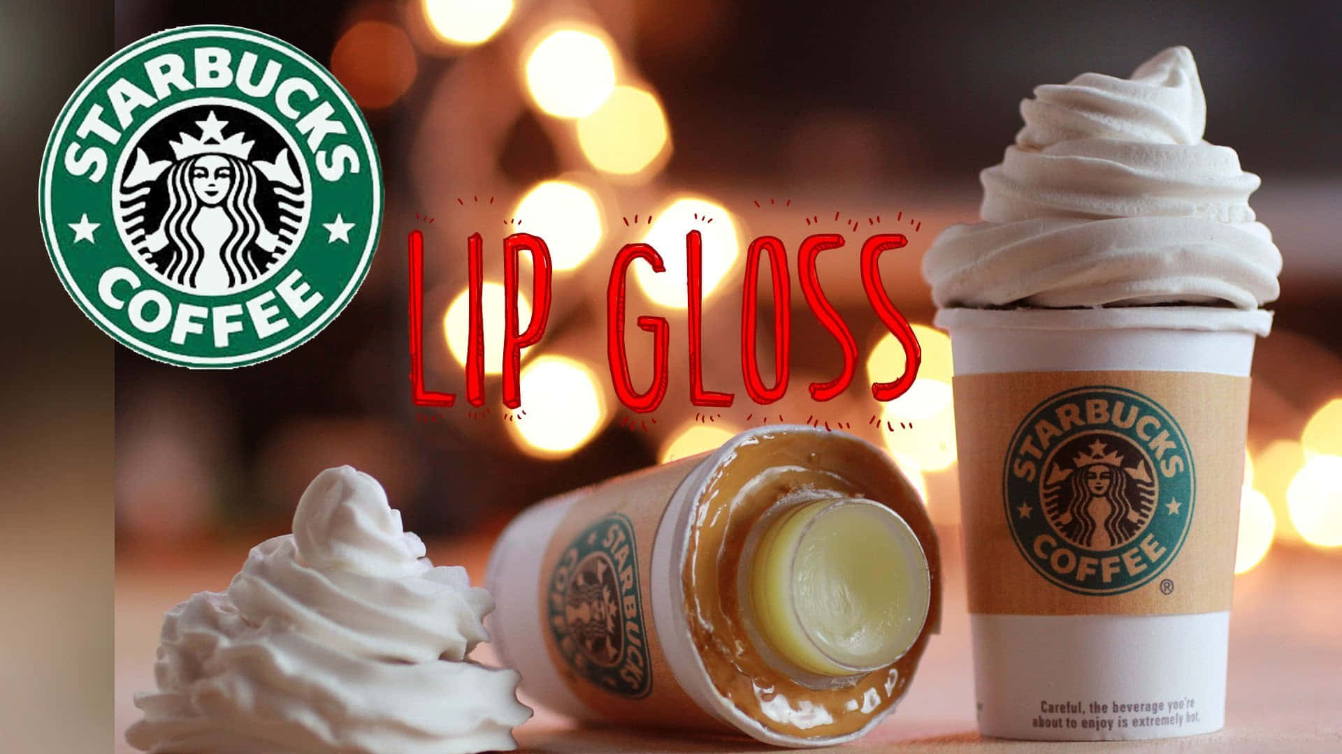 Starbucks 咖啡杯被重新用作唇彩，帶有忌廉漩渦和溫暖的燈光。