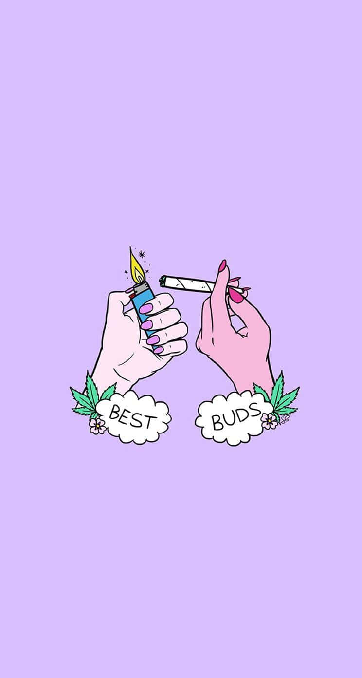 兩隻卡通手點燃一支大麻煙，伴有「BEST BUDS」雲和 Cannabis 葉。