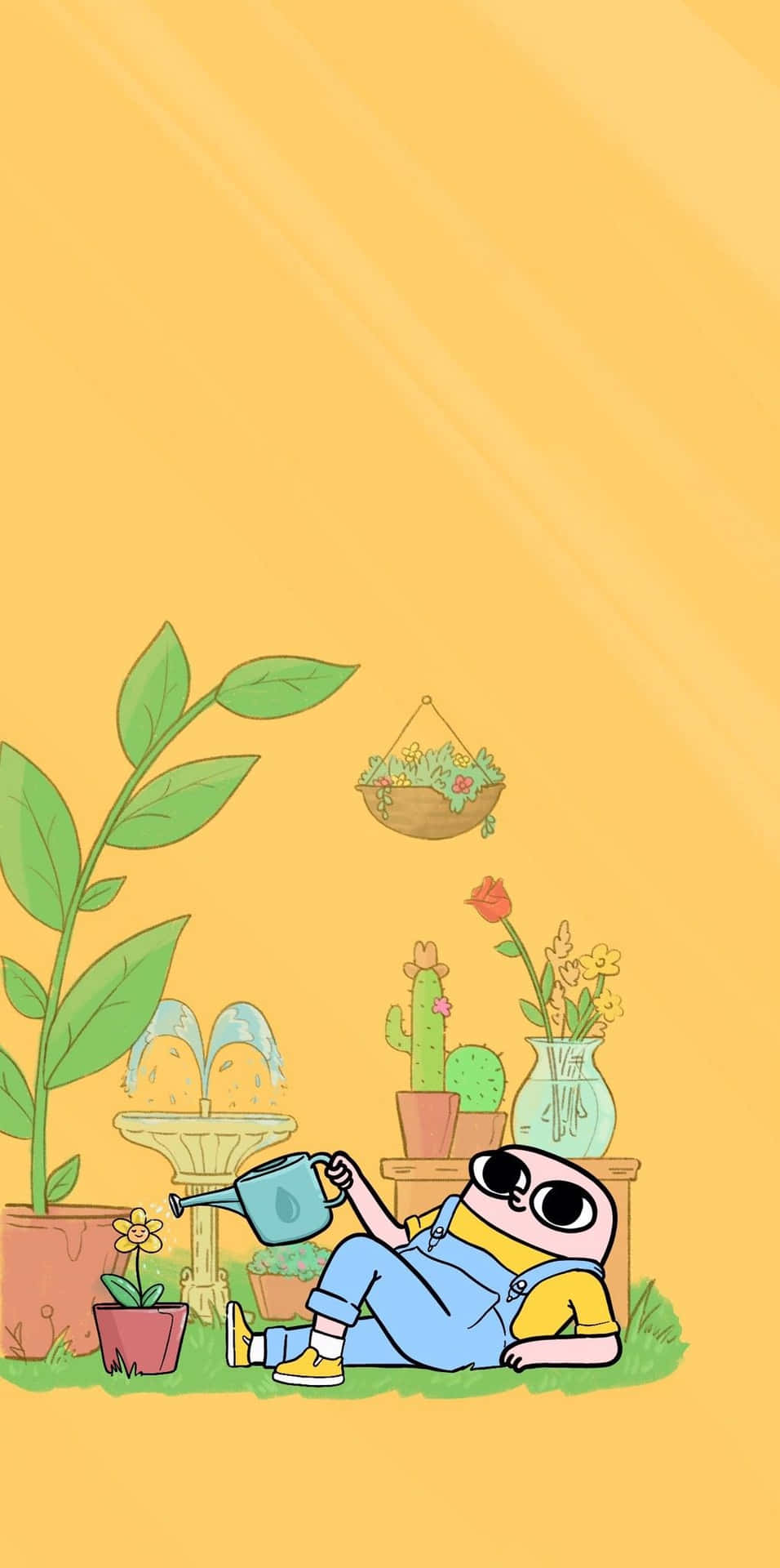 卡通角色在陽光明媚的花園場景中澆灌植物。