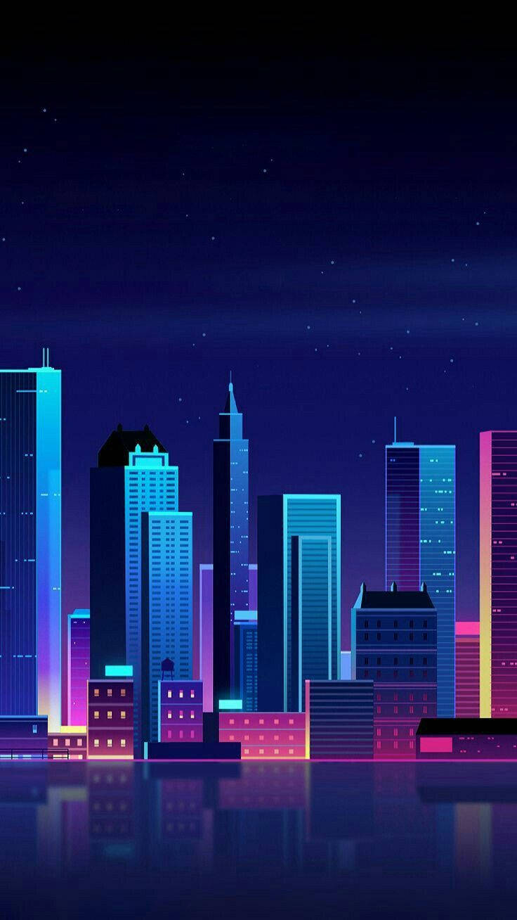 霓虹城市天際線夜景，摩天大樓倒映在星空下的水面上。