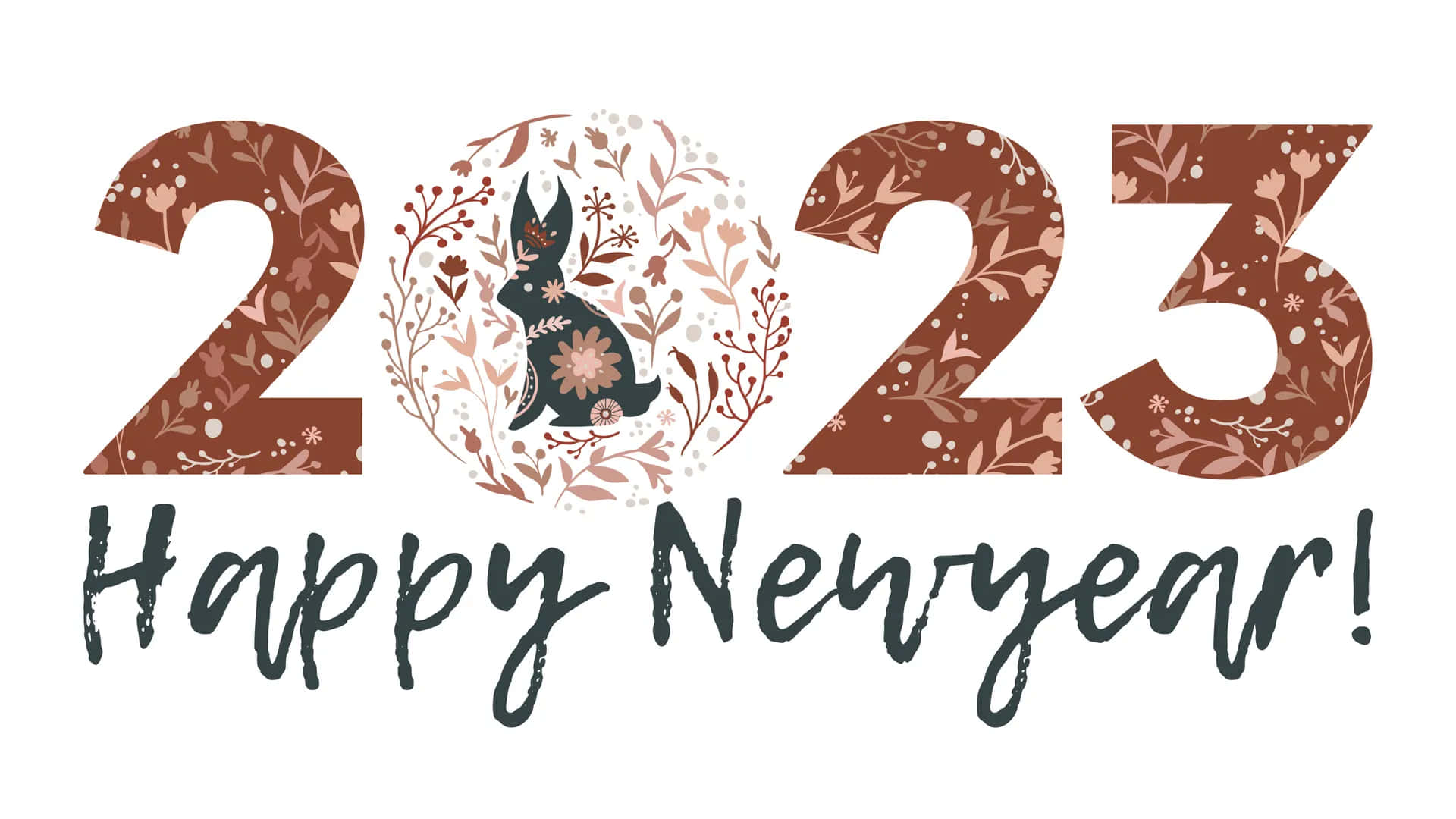放鬆心情，享受大自然的寧靜 壁紙 — 2023年新年祝賀，零字內有花卉兔子剪影，以大地色調呈現於白色背景上。