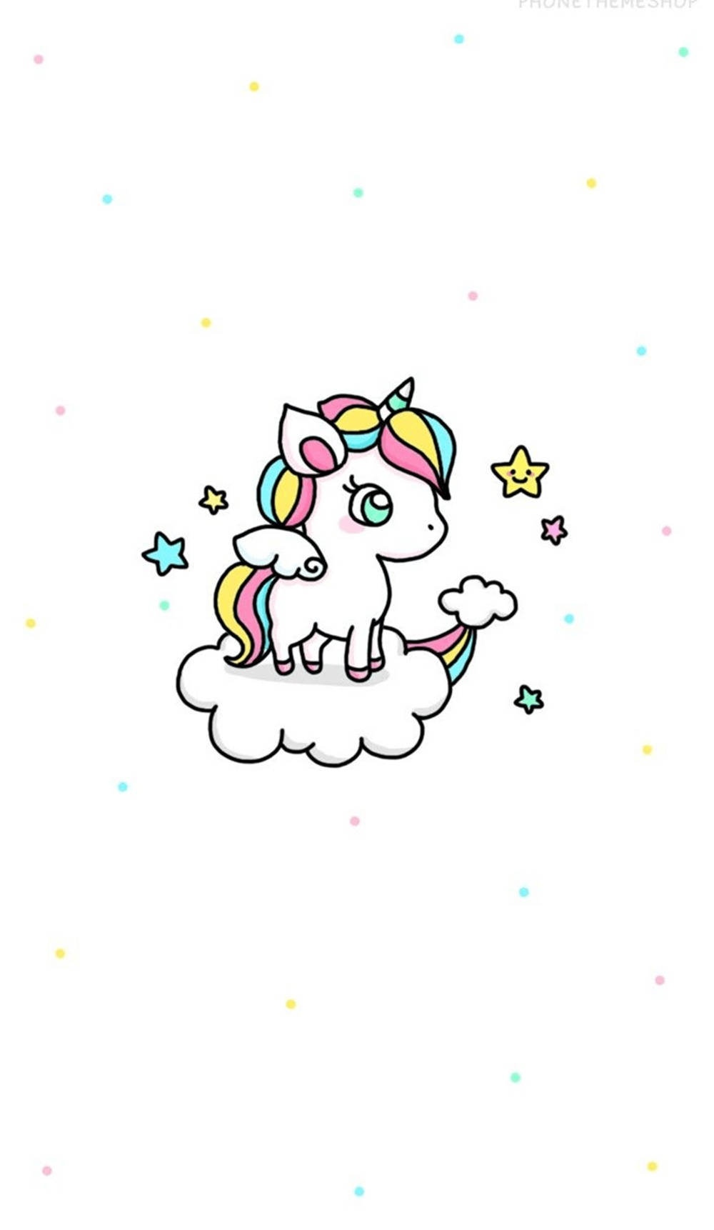 一隻微笑的卡通獨角獸，彩虹頭髮，站在雲上，有星星