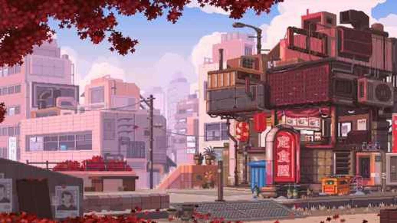 動漫街道，有紅色楓葉和層疊建築物，在夕陽天空下。