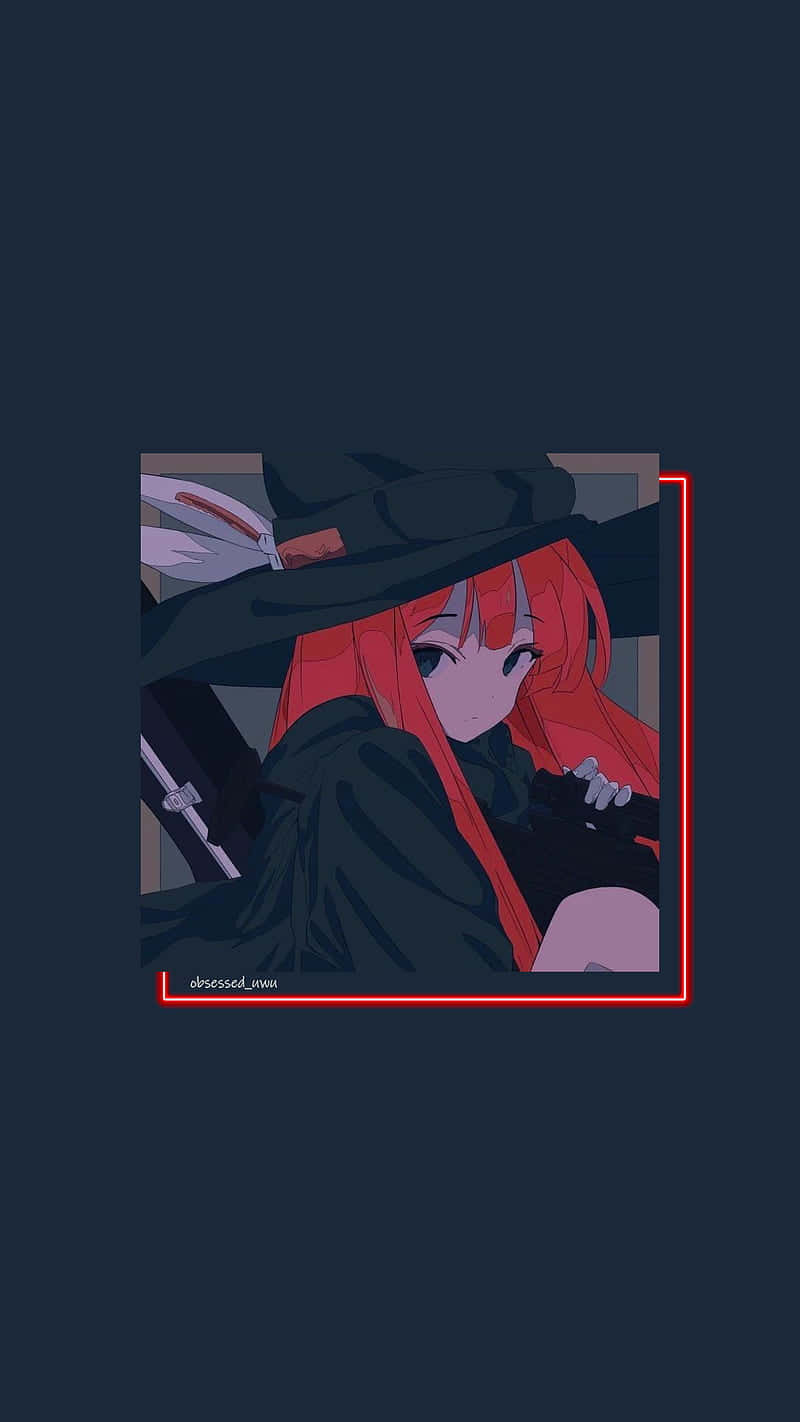 紅髮動漫女巫戴黑帽手持紅色霓虹框劍。