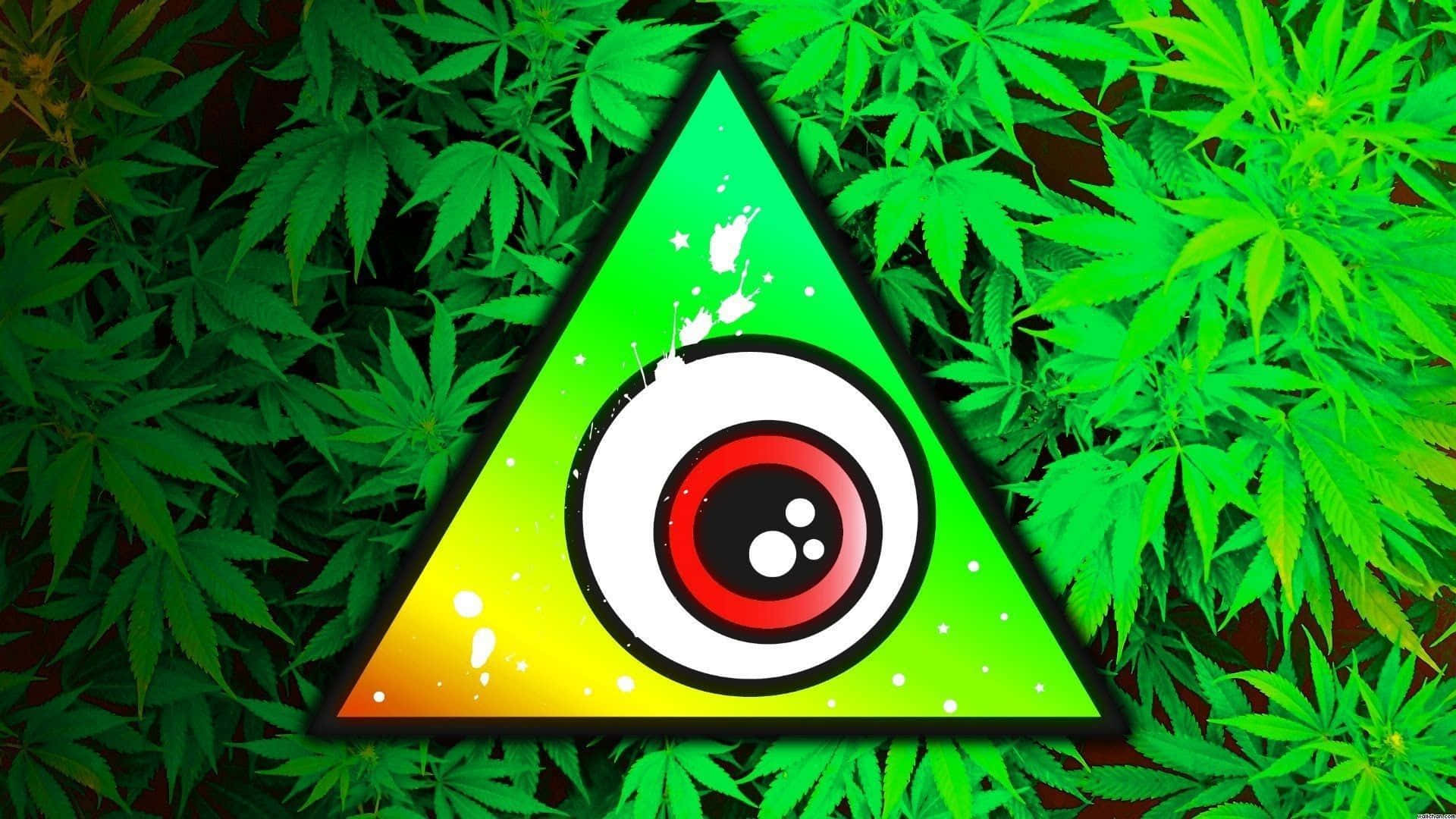 一個發光的三角形，帶有被大麻葉包圍的眼睛符號。