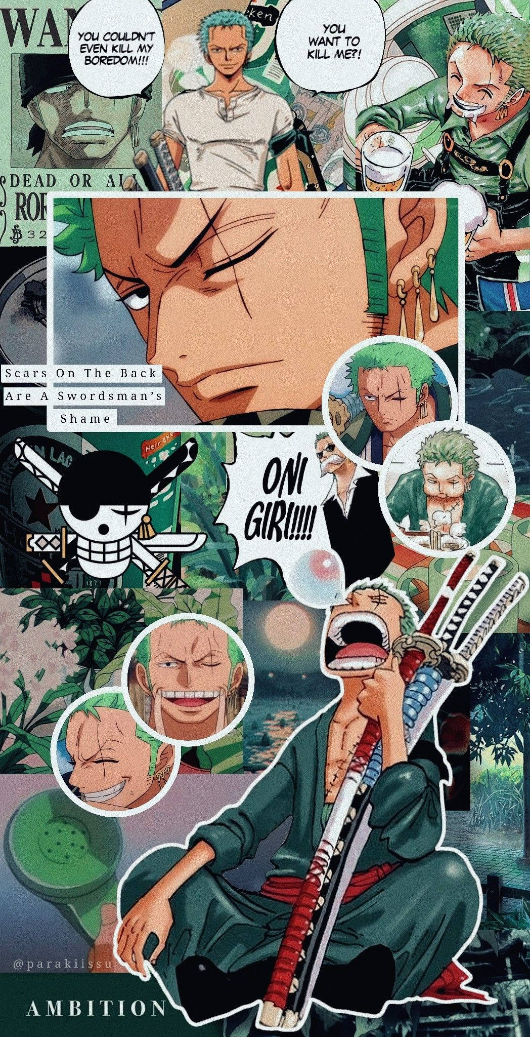 放鬆版索隆海賊王風格 壁紙 — 一個動態拼貼畫，描繪動漫角色羅羅諾亞·索隆在各種激烈姿勢中揮舞劍，帶有對話氣泡和海盜主題圖形。
