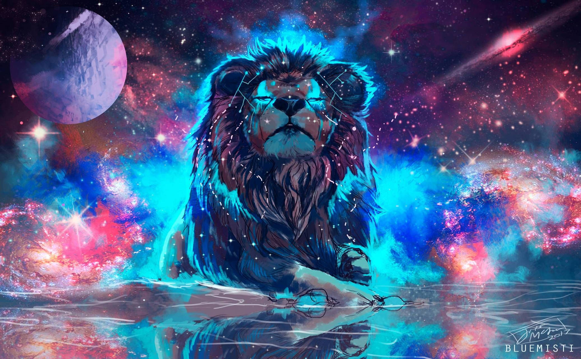一頭獅子在宇宙水域中，周圍環繞著星星和一顆紫色行星。