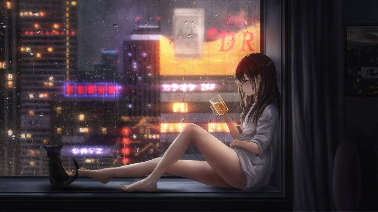 穿著浴袍的動漫女孩在雨窗前喝飲料，俯瞰霓虹城市和貓咪。