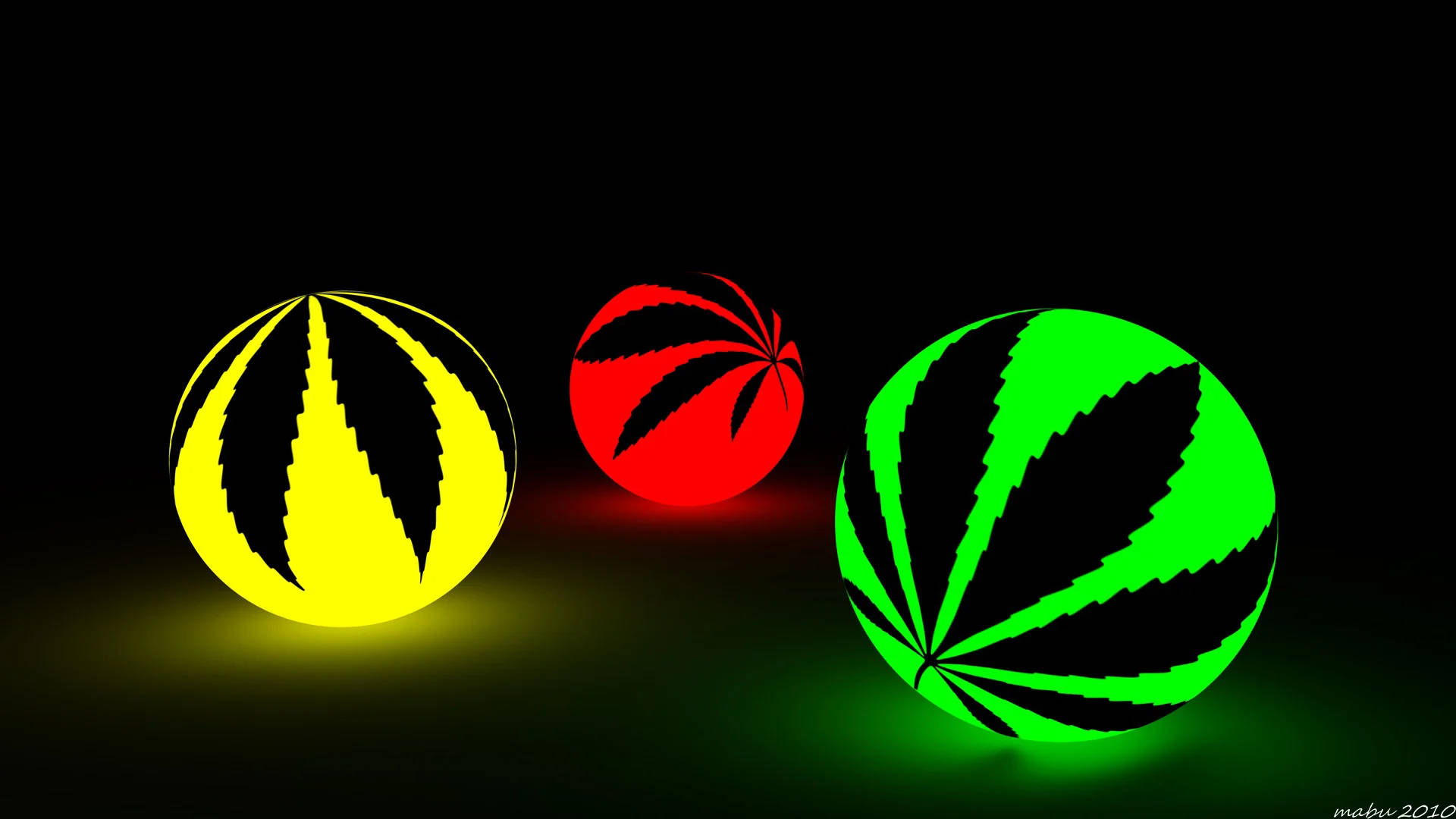 放鬆的嬉皮大麻球 壁紙 — 三個發光的球體，帶有黃色、紅色和綠色的大麻葉圖案，漂浮在黑色背景上。