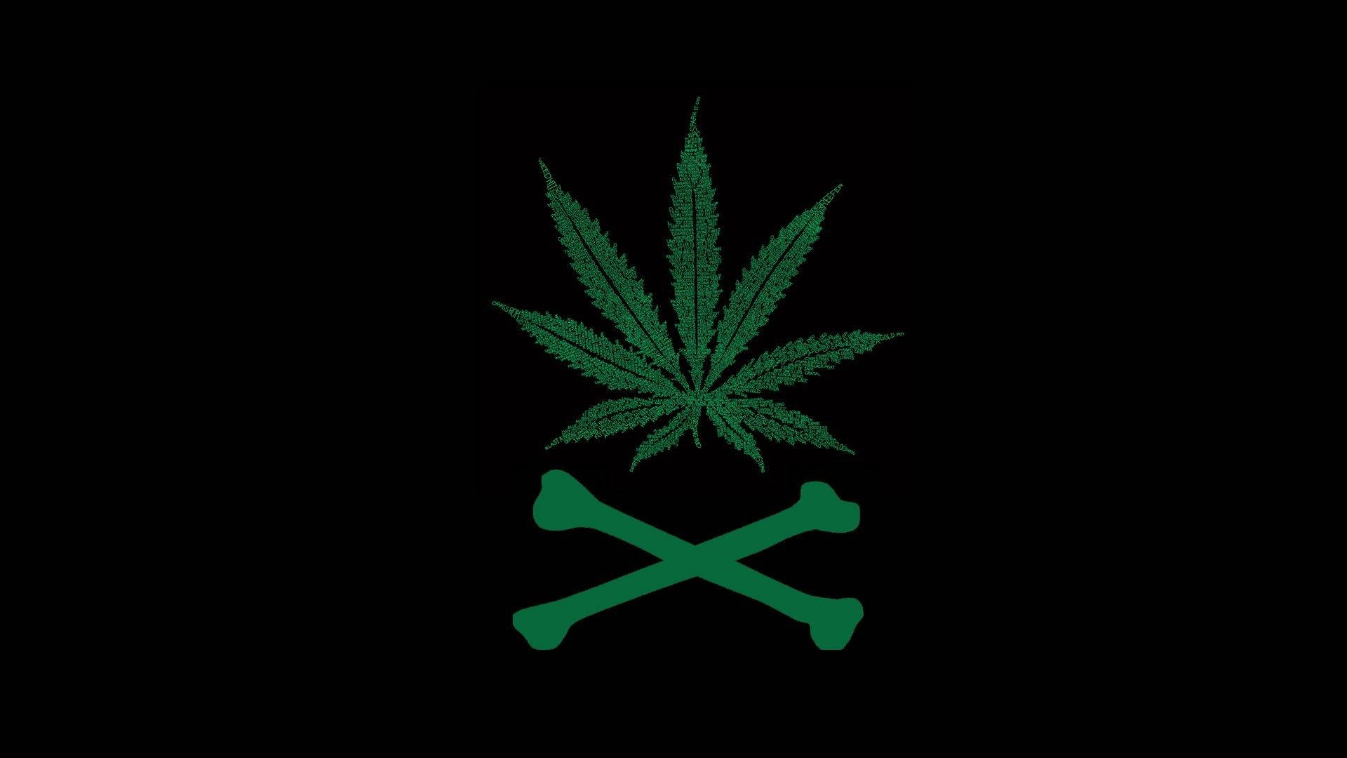 放鬆的嬉皮大麻與骨頭 壁紙 — 發光的綠色大麻葉位於交叉骨頭之上，背景為純黑色。