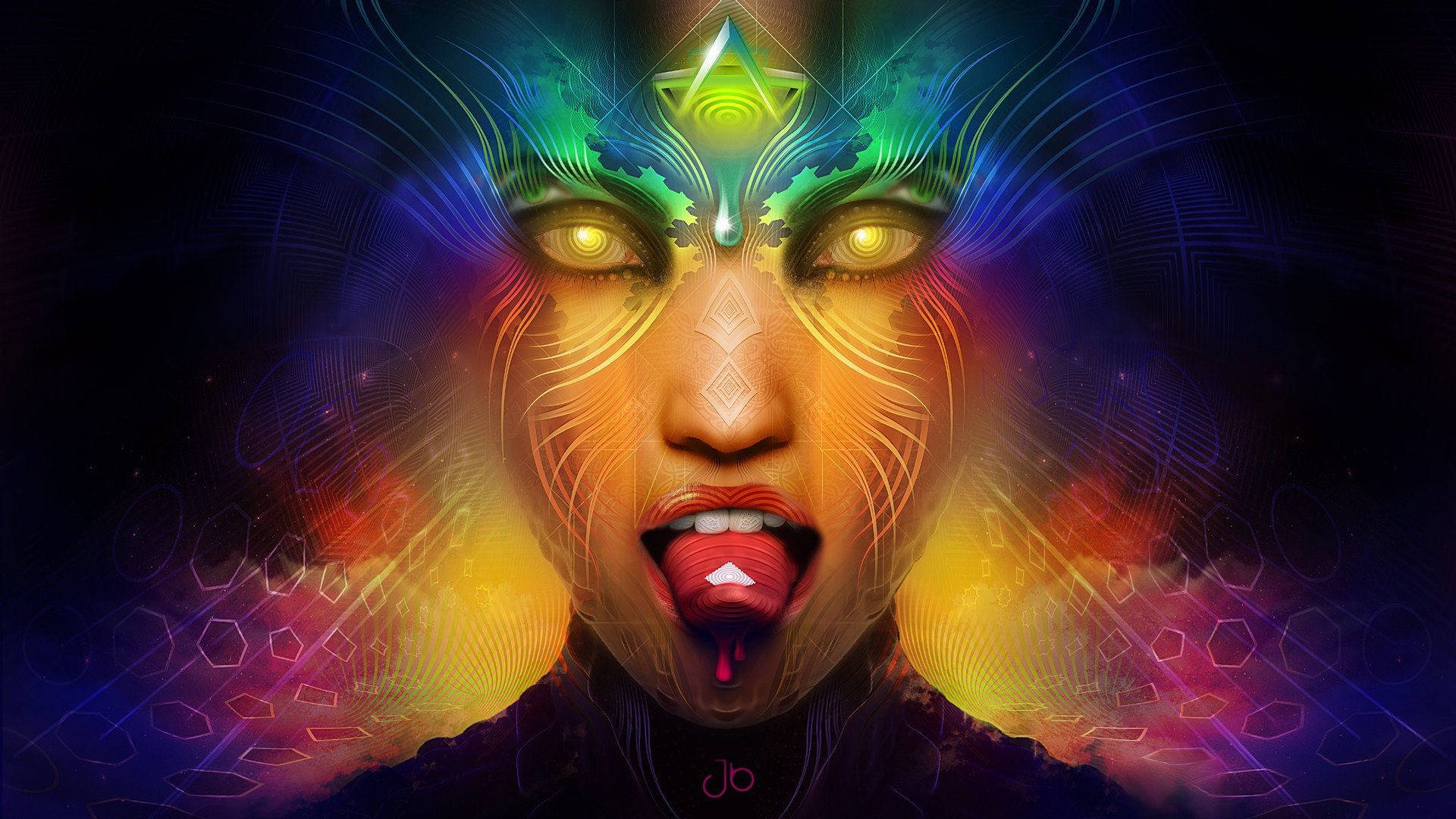 放鬆的嬉皮女子吐舌 壁紙 — 一幅數碼藝術肖像畫，描繪一位女性，雙眼發光，額頭上有發光的三角形，在黑暗的宇宙背景下散發出鮮豔的霓虹色彩。