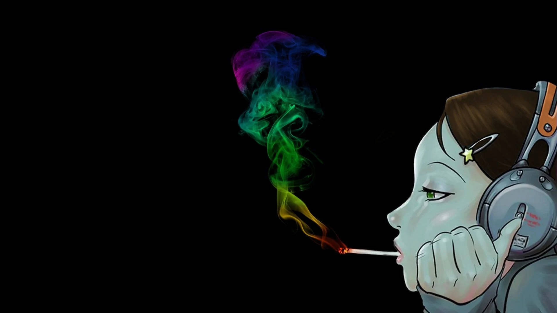 放鬆的嬉皮女孩抽煙 壁紙 — 一個風格化的動漫女孩戴著耳機，在黑色背景上呼出鮮豔的彩虹煙霧。