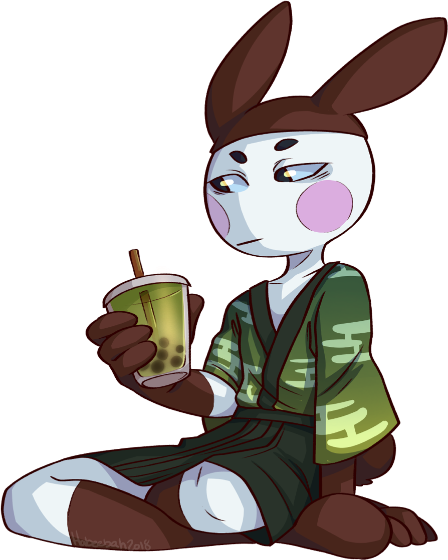 放鬆的擬人化兔子飲料 壁紙 — 一隻穿著綠色長袍的卡通兔坐在黑色背景前，拿著一杯泡泡茶。