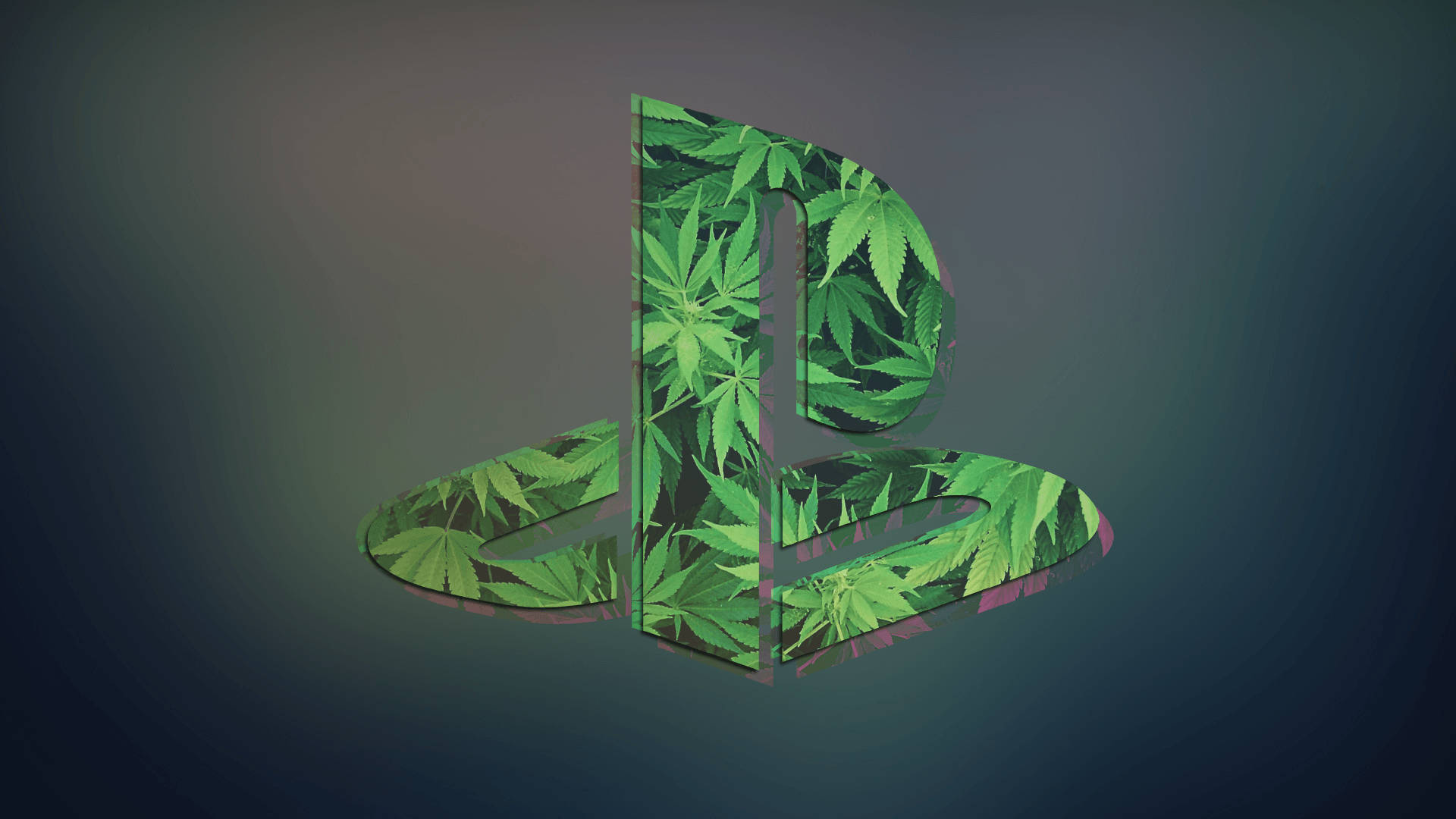 放鬆的潮人 PlayStation 壁紙 — 一個3D PlayStation標誌，覆蓋著鮮綠色的大麻葉，背景為深色漸變。