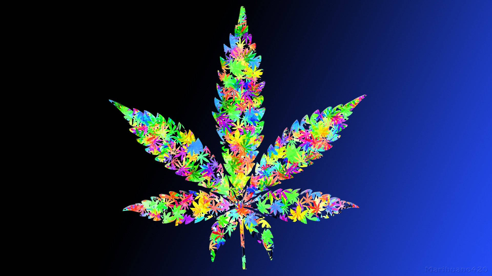 放鬆的潮人彩色大麻 壁紙 — 一個充滿活力的迷幻大麻葉，由多種顏色的小葉片組成，背景為漸變藍色。