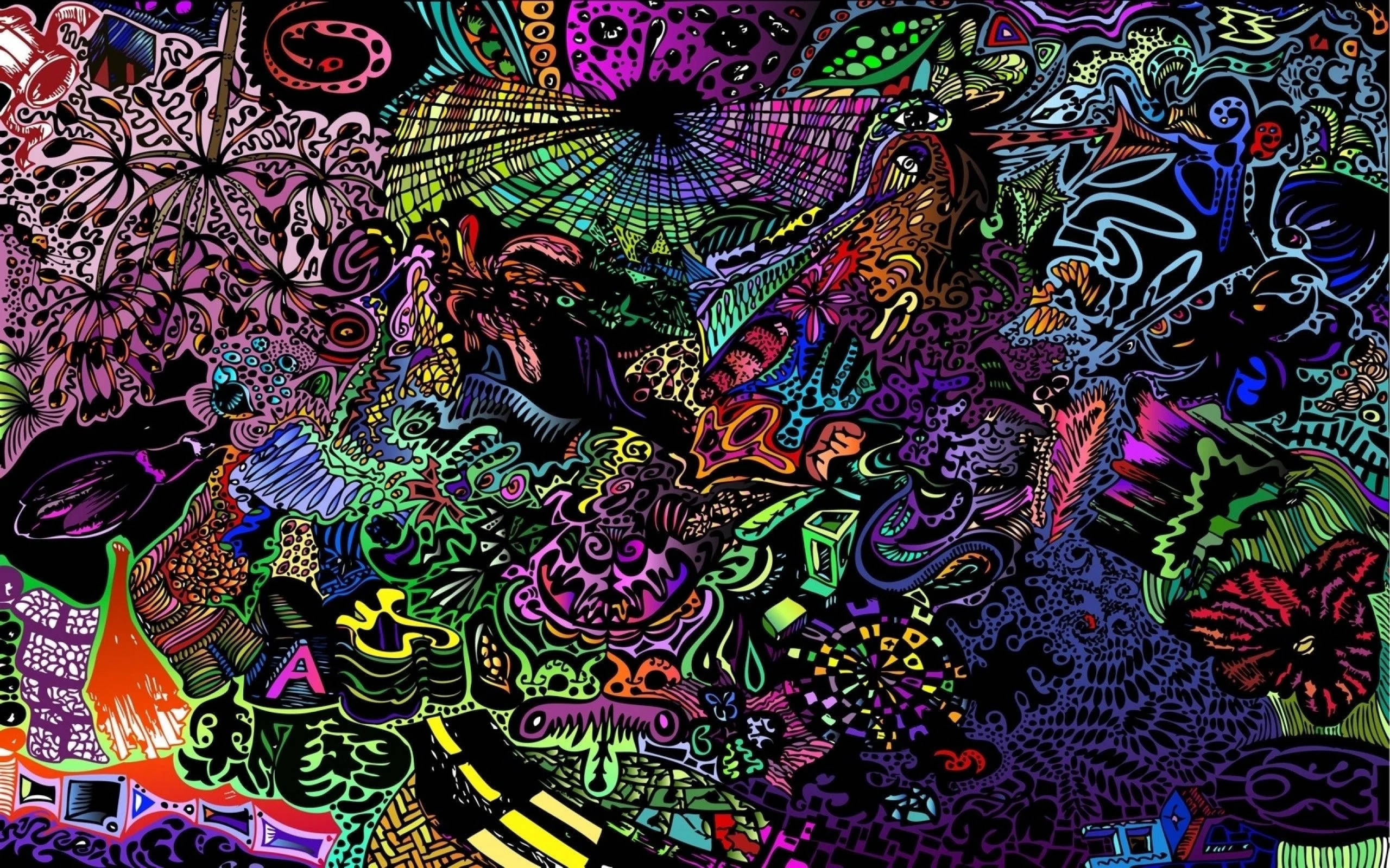 放鬆的潮人抽象藝術 壁紙 — 充滿活力的迷幻藝術品，在混亂的抽象構圖中爆發出複雜的圖案和霓虹色彩。