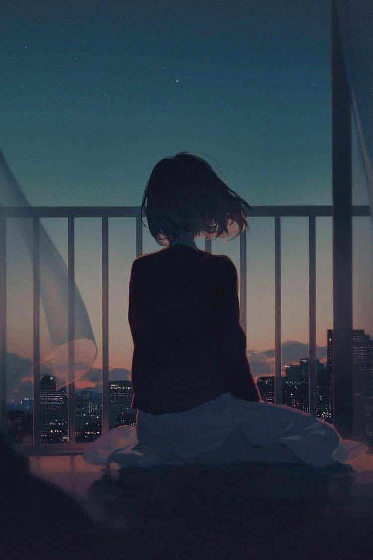女孩坐在陽台上俯瞰暮色中的城市，星星可見