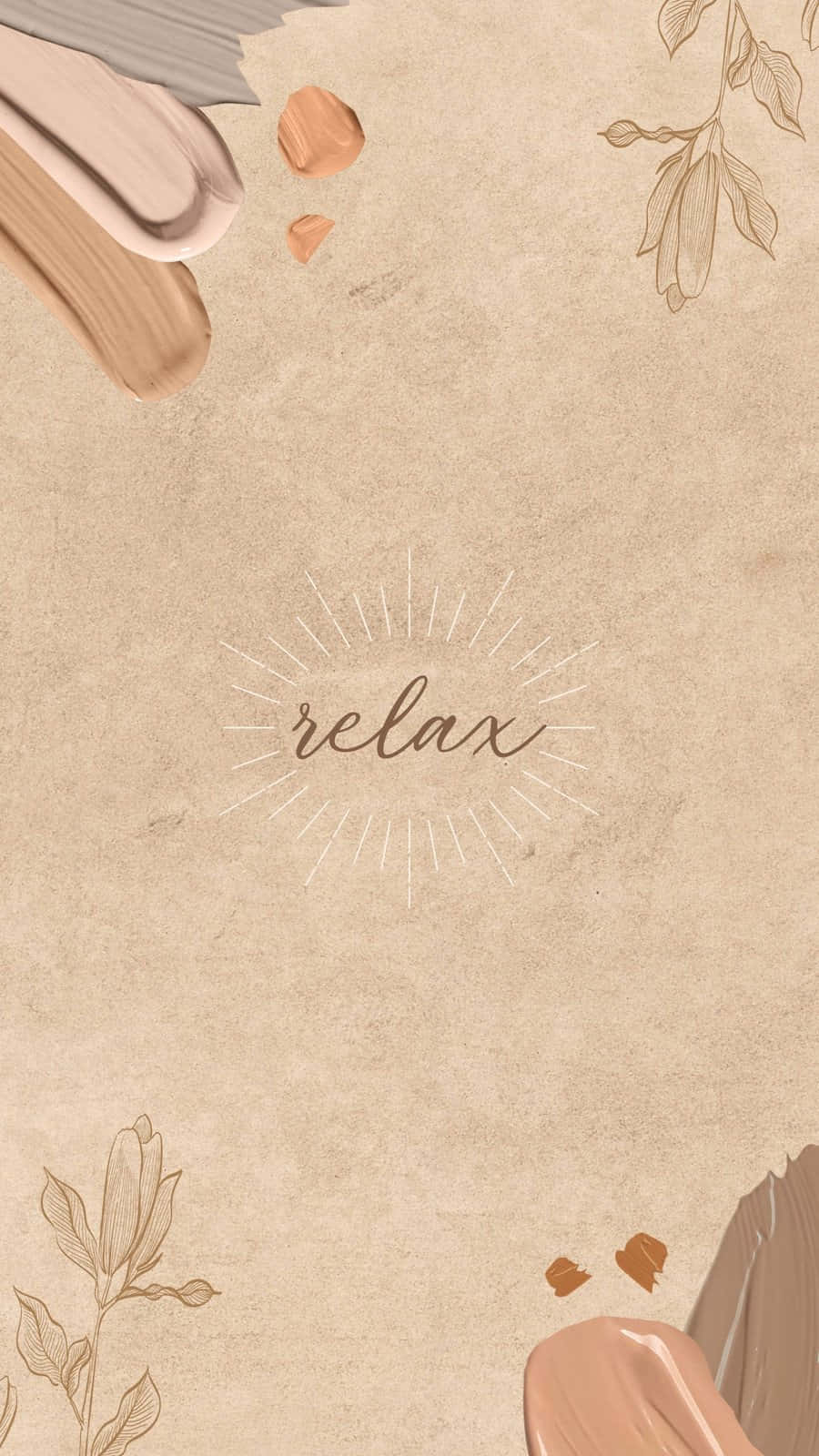 放鬆簡約棕色美學 壁紙 — 米色紋理牆紙，上面有「relax」字樣，周圍環繞著柔和的筆觸和精緻的植物素描。