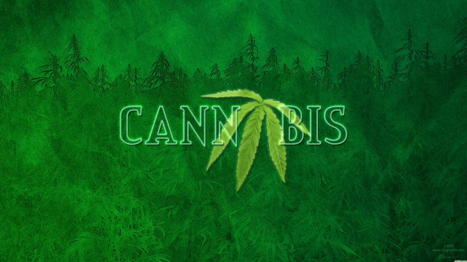 發光的大麻葉，帶有CANNABIS字樣，位於綠色紋理田野和樹木剪影之上。