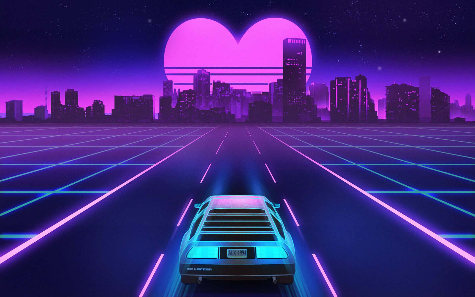 放鬆與回憶，感受80年代靈感的Vaporwave壁紙 壁紙 — 一輛復古未來風格的汽車在發光的網格道路上行駛，朝向賽博龐克城市天際線上的霓虹心形月亮。