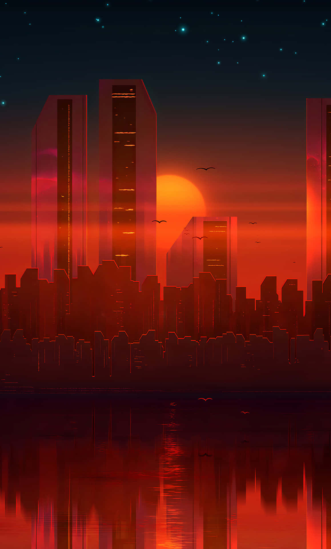 日落時分的未來城市天際線，摩天大樓在星空下的水中倒映。