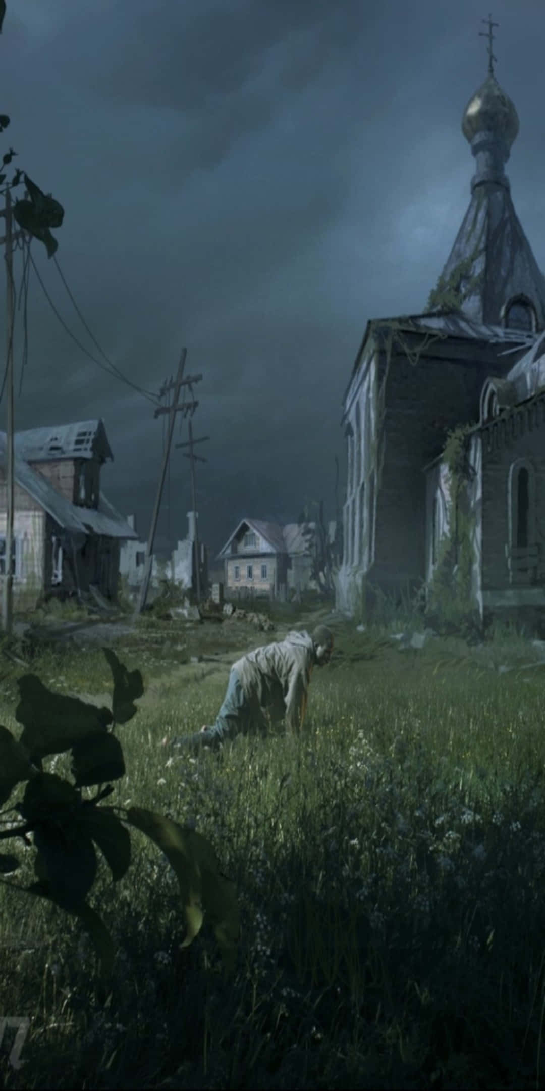 放鬆身心，享受Pixel 3 Dayz 壁紙 — 一個孤獨的身影跪在雜草叢生的草地上，面對著一座破敗的教堂，背景是風雨交加的黃昏天空。