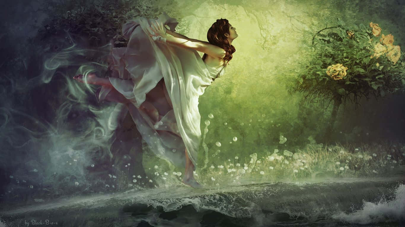 放鬆身心，任自己飄然遠去 壁紙 — 一位身穿飄逸白色長裙的女子，在神秘綠色燈光的水景中，伴隨著漂浮的泡泡和發光的花朵優雅起舞。