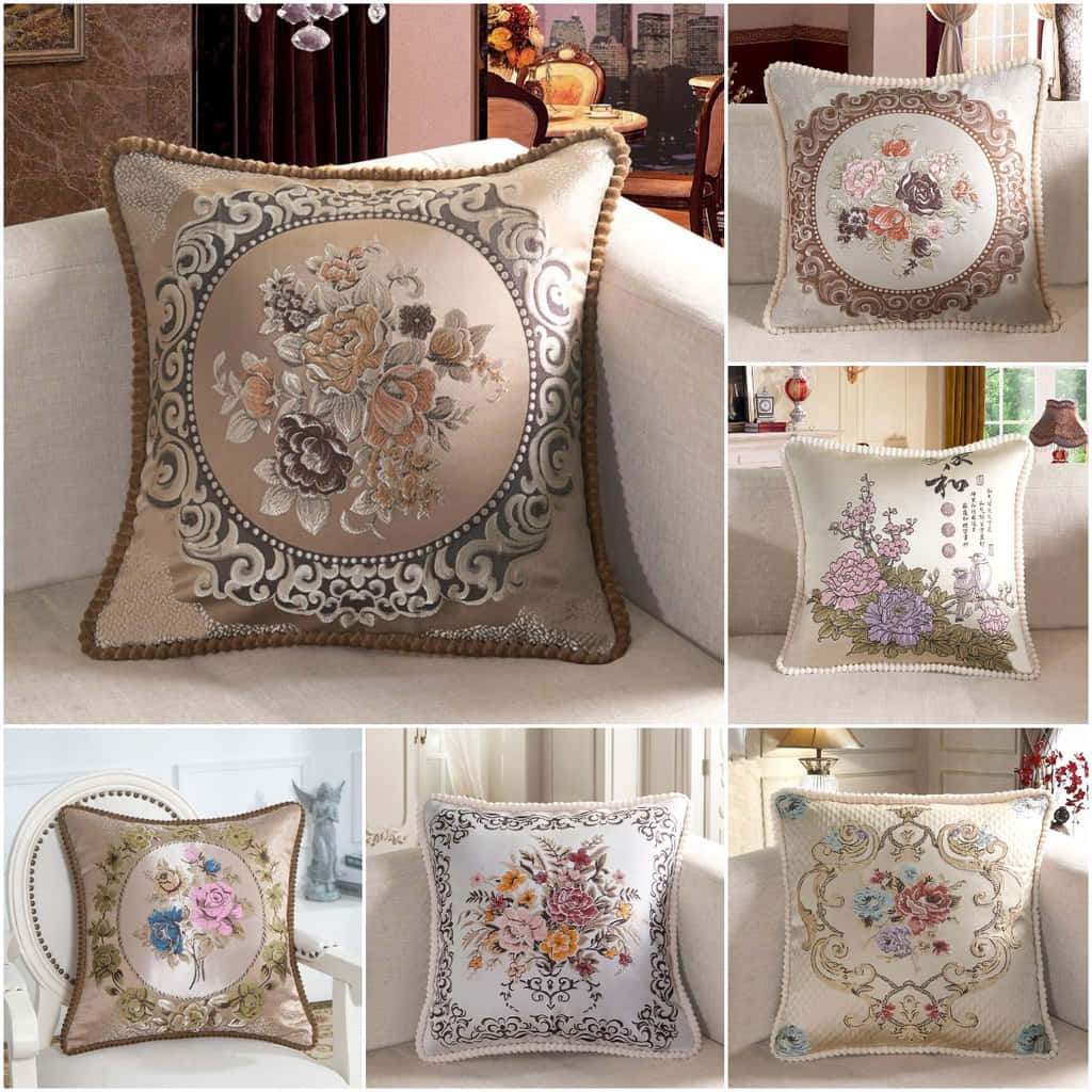 六個裝飾性刺繡抱枕，帶有花卉設計，放置在優雅家具上。