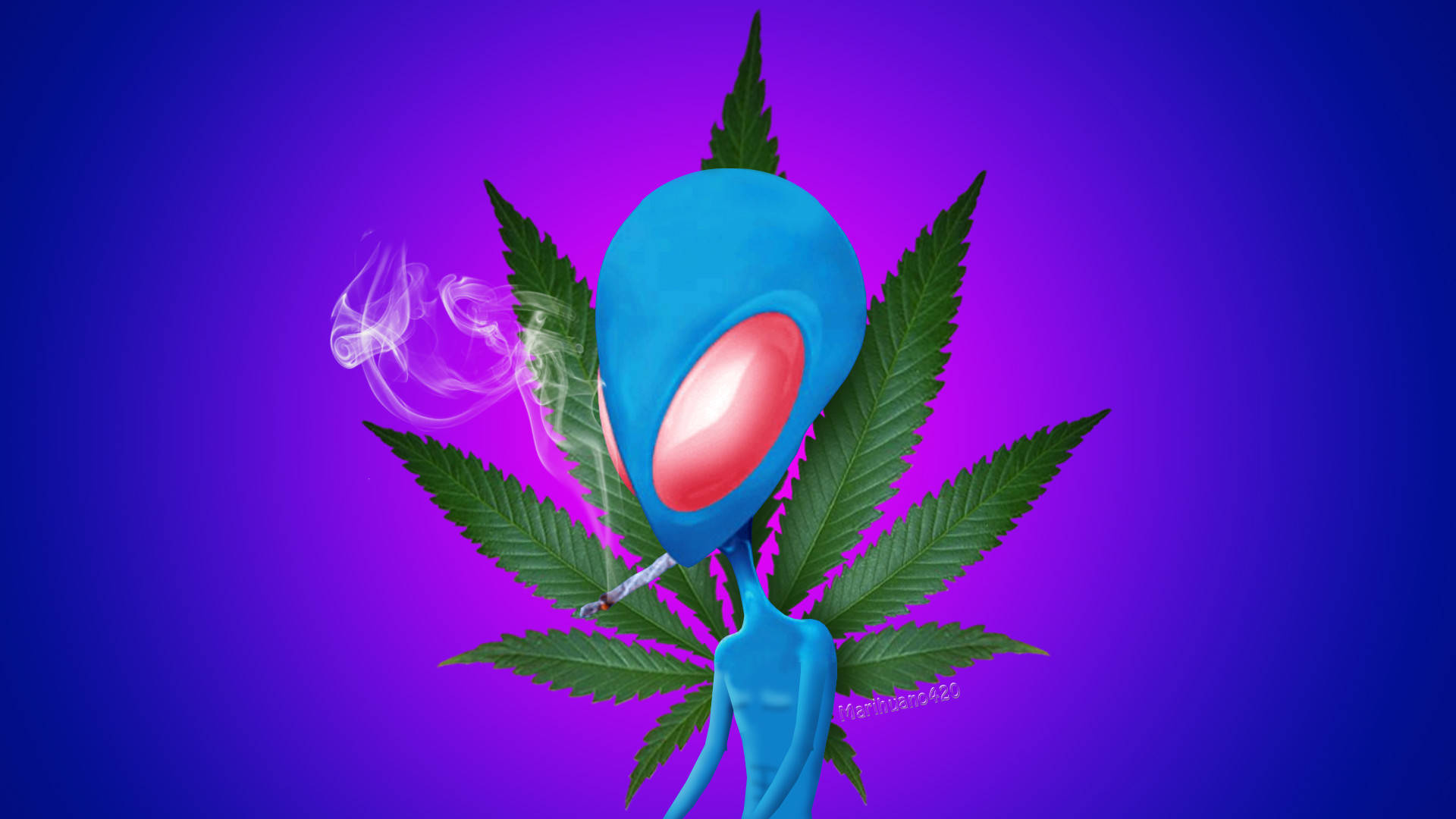 放鬆飄飄外星人 壁紙 — 一個藍色外星人，有一隻發光的紅色眼睛，在紫色漸變背景上被大麻葉包圍著吸食大麻煙。