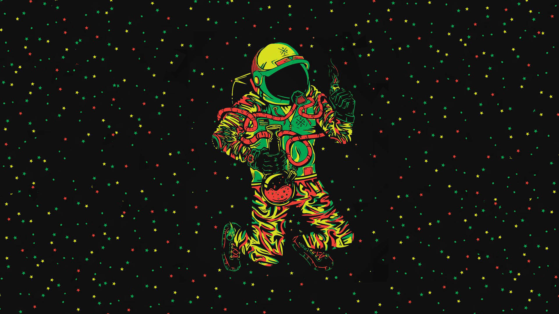 放鬆飄飄太空宇航員 壁紙 — 一個充滿活力的風格化太空人，穿著綠色、黃色和紅色的裝備，漂浮在黑色星空背景上，周圍有多彩星星。