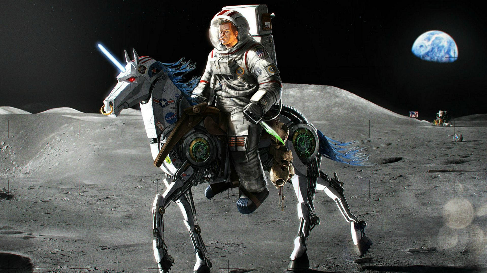 政治宇航員騎機械獨角獸 壁紙 — 一名太空人騎著機械獨角獸在月球表面奔馳，地球在遠方可見。