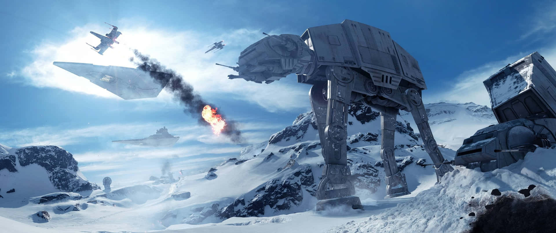 星球大戰 AT-AT步行機在雪地中，星際戰鬥機在上方戰鬥。
