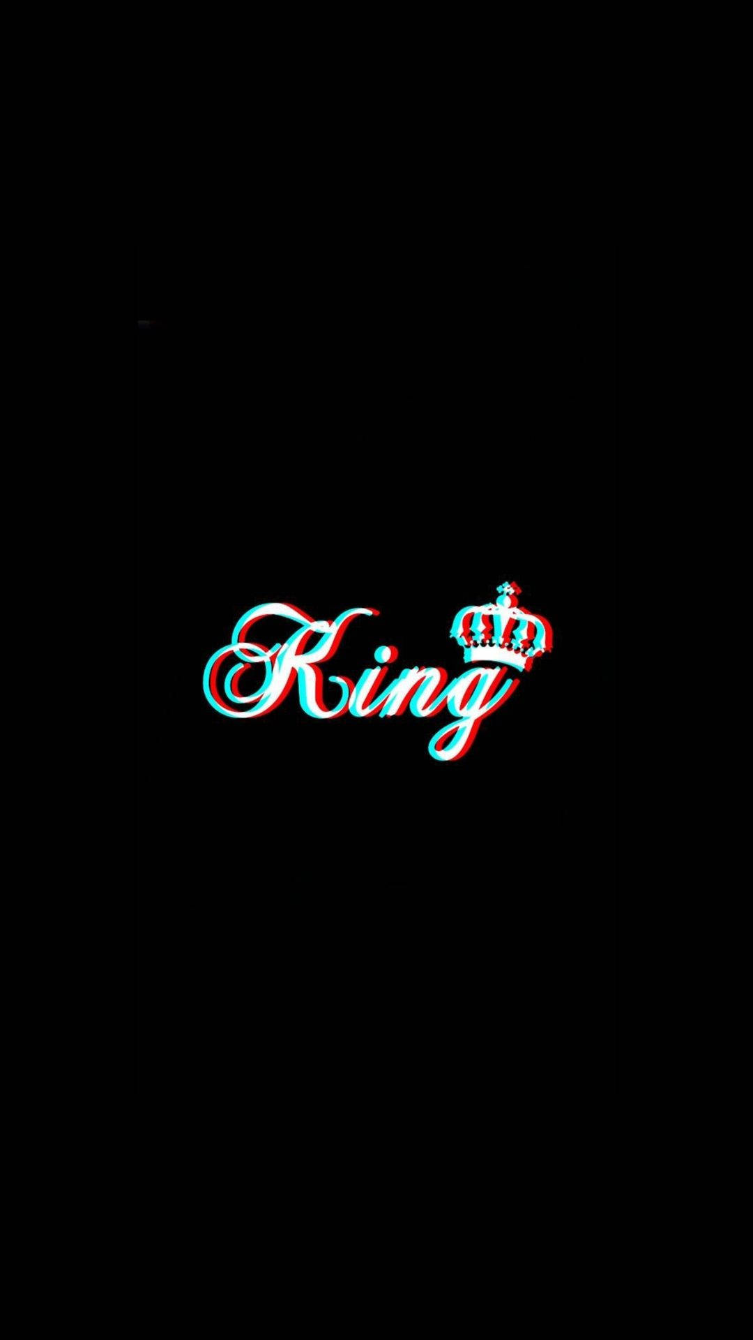 故障國王 壁紙 — 黑色背景上，帶有皇冠的發光3D草書字體「King」。