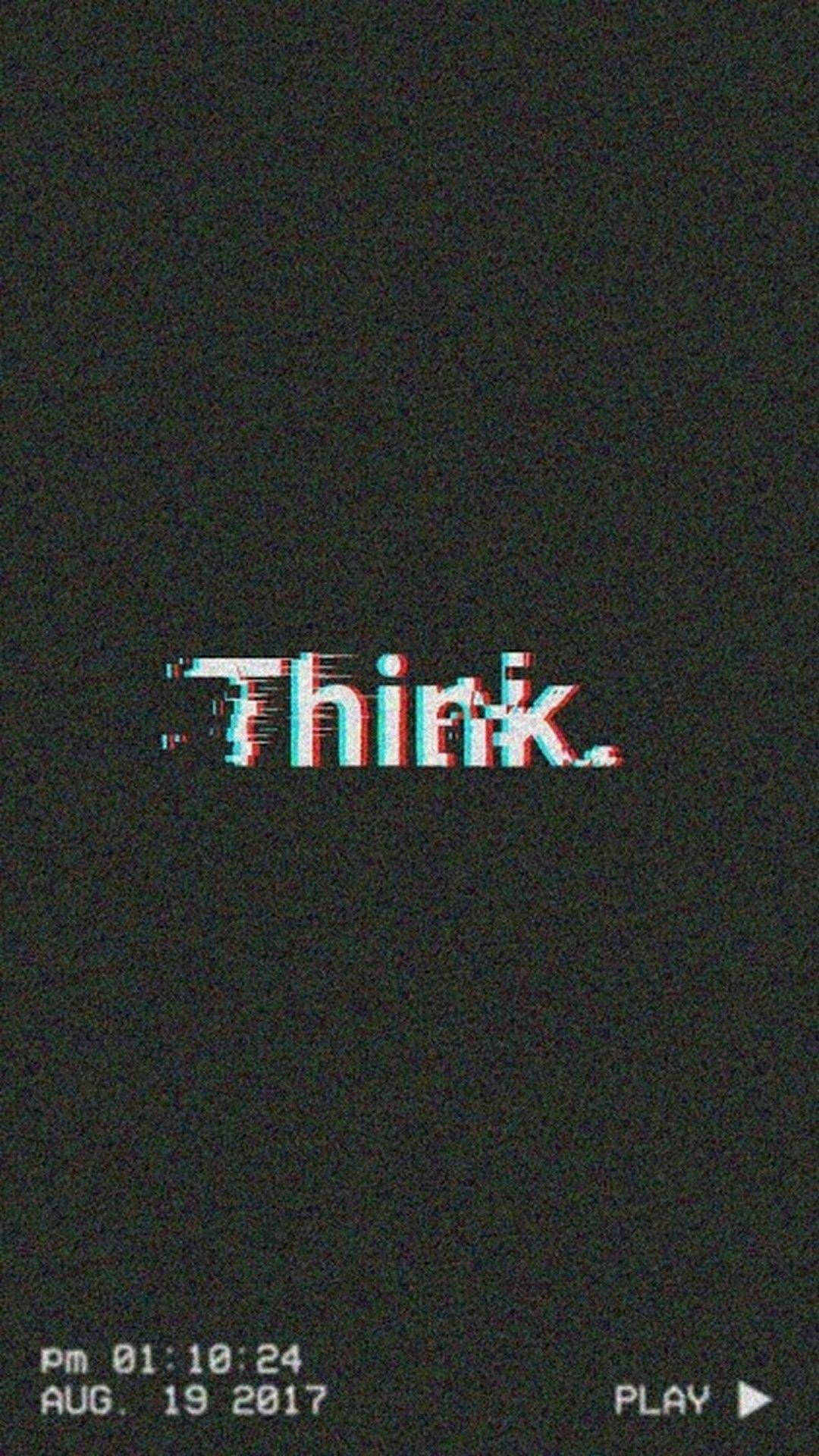 喺黑色背景上顯示故障效果文字 'Think'，附有時間戳同播放按鈕。