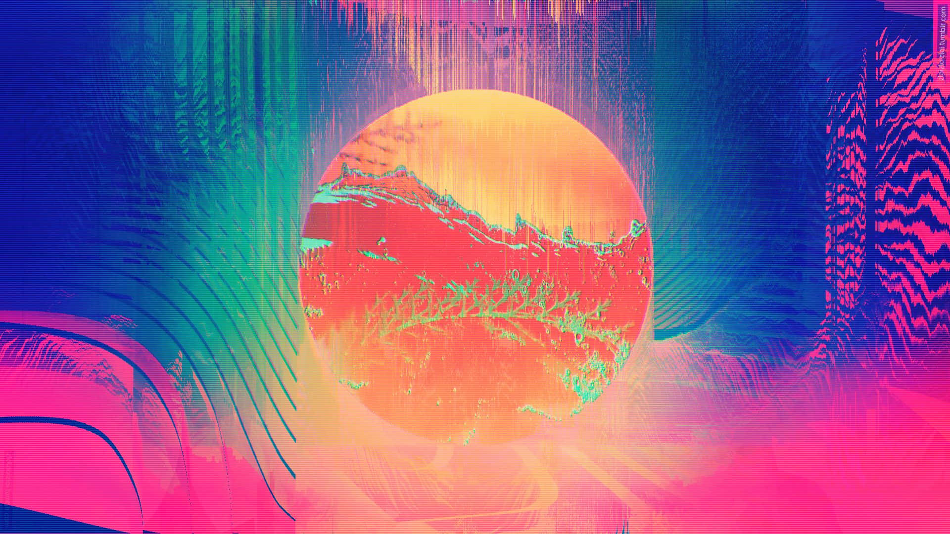 一幅超現實的數碼藝術作品，描繪一顆發光的行星，山脈帶有霓虹故障效果。